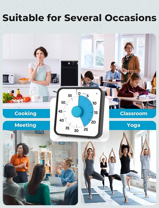 LIORQUE 60 Minute Visual Timer for Kids and Adults, Non-Ticking 7.5 Inch Large Visual Countdown Timers for Classroom Desk Countdown Clock with Magnetic Backing, Kids Pomodoro Timer Clock