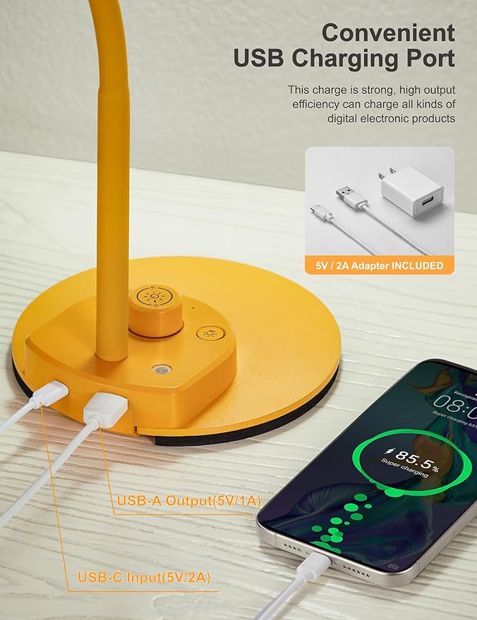 BOHON LED Desk Lamp with USB Charging Port, 3 Color Modes Fully Dimmable Reading Lamp, Auto Dimming Task Lamp, Flexible Gooseneck Table Light for Home Office Dorm Bedside, Bright Yellow