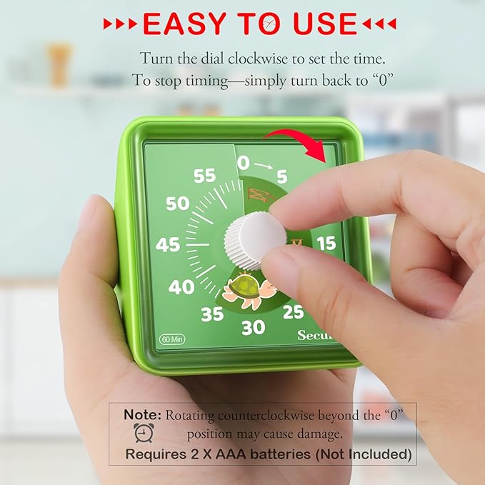 Secura 60-Minute Visual Countdown Timer for Kids & Classroom, Pomodoro Time Management Tool (Green & Green)