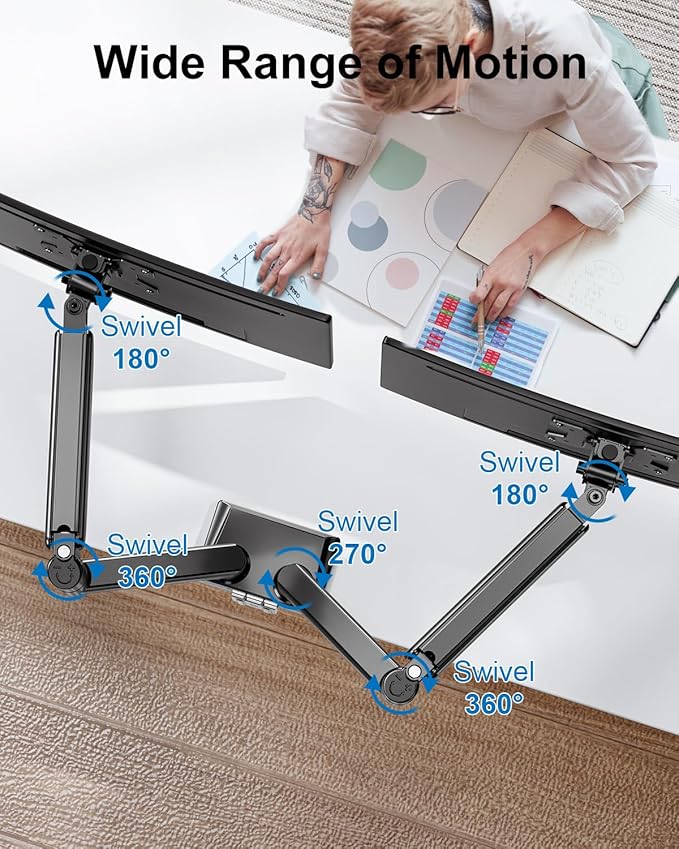 Dual Monitor Mount Fits 17 to 32 Inch Computer Screen, Dual Monitor Arm Hold 4.4-19.8lbs Each, Full Motion Monitor Desk Mounts for 2 Monitors, Gas Spring Monitor Stand, VESA Mount, Freelift