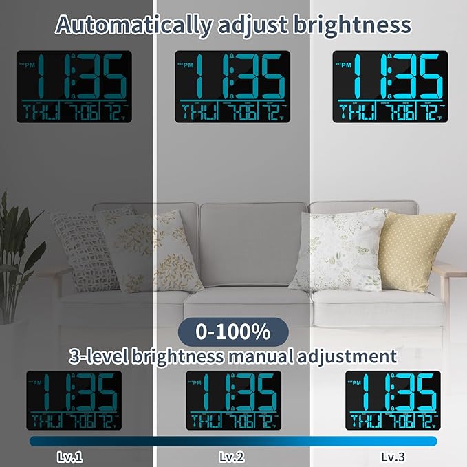 13" Digital Wall Clock Large Display with Remote, 25 Ringtones, Temperature, Calendar, 0-100% Auto or Custom Brightness, 12/24H, DST, Timer, for Living Room, Kitchen, Bedroom, Elderly(Blue)