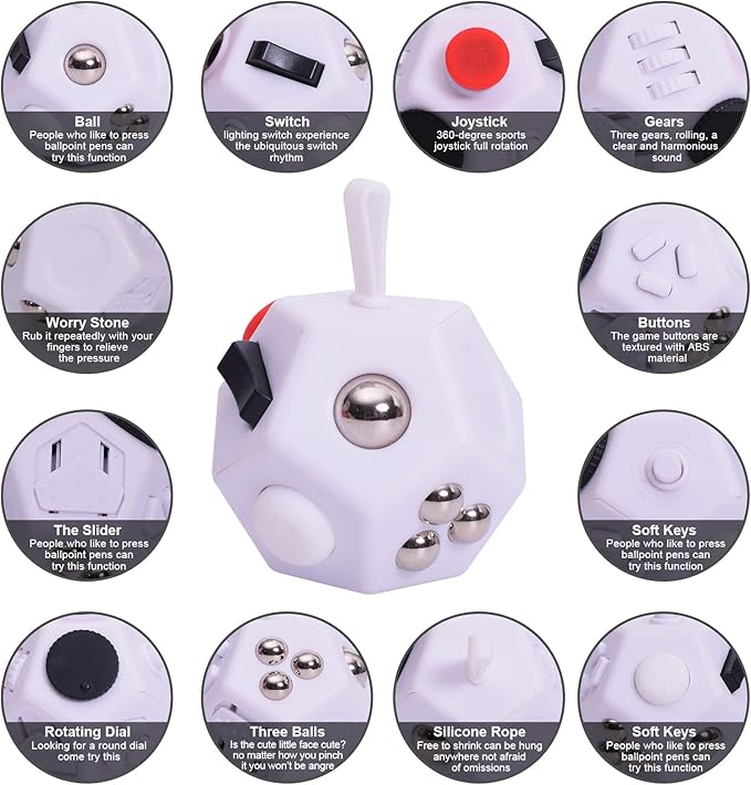 Fidget Toys Cube,12 Sided Finger Cube,Sensory Toys Relief Stress,Autism and Anxiety Depression Anti for Kids Adults Improve Focus (White)