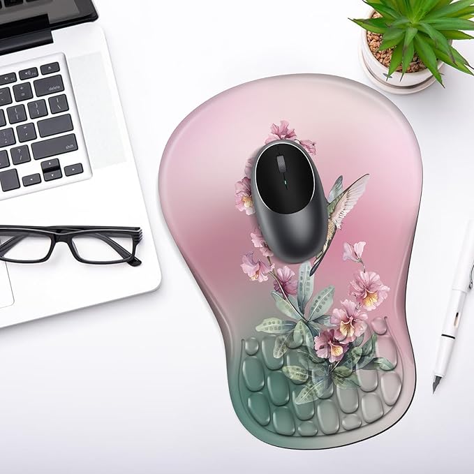 Ergonomic Mouse Pad with Wrist Rest Support, Mousepad with Comfortable Memory Foam Wrist Rest and Non-Slip PU Base for Pain Relief, Computer, Laptop, Office, Home (Hummingbird)