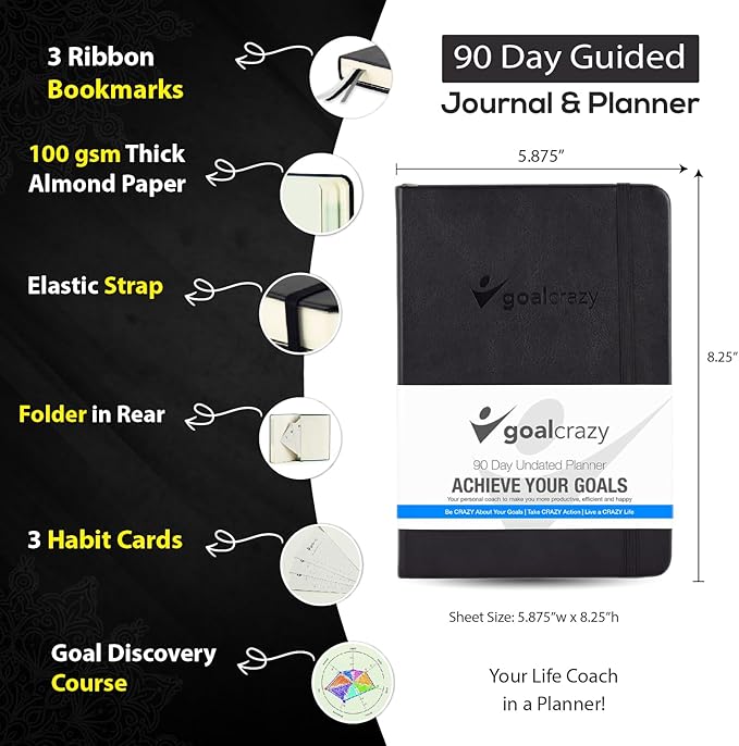 Undated Planner - 90 Day Guided Journal, 2024 2025 Weekly Organization, Productivity Habit Tracker, Inspirational, Life Setting, Leather, Almond Pages (black)