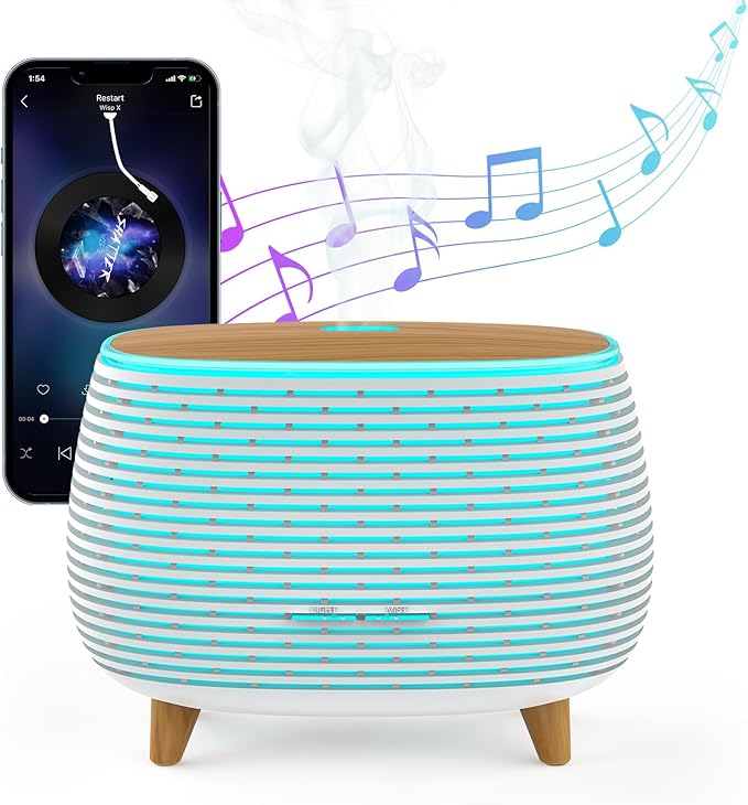 2-in-1 BT Speaker & Ultrasonic Essential Oil Diffuser,Aromatherapy Diffuser Cool Mist Humidifier with 7 Colors Lights for Large Room Home Office,400ml(White+Wooden Grain)