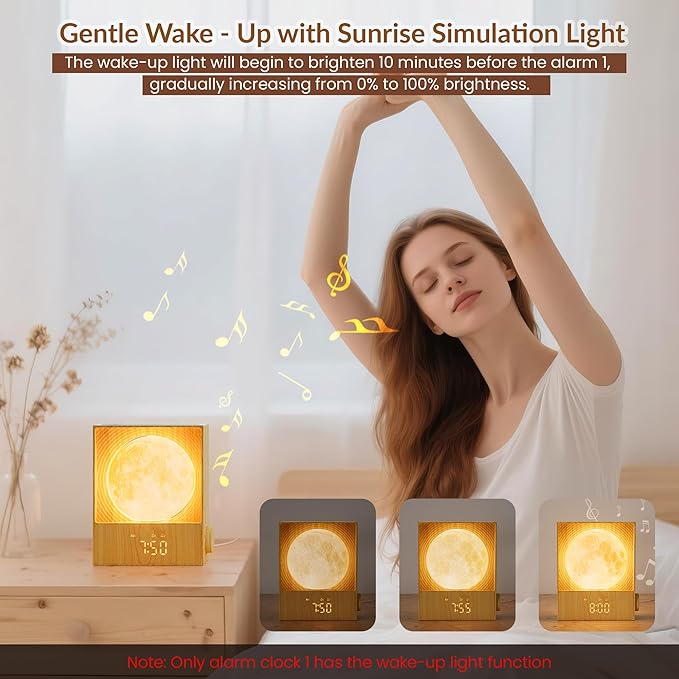 Sunrise Alarm Clocks for Heavy Sleepers,Rotatable Moon Light with Gentle Wake-Up,Clock Night Lamp for Bedrooms - Snooze,10 Light Effects,10 Nature Sounds,15 Ringtones for Adults,Kids,Nursery