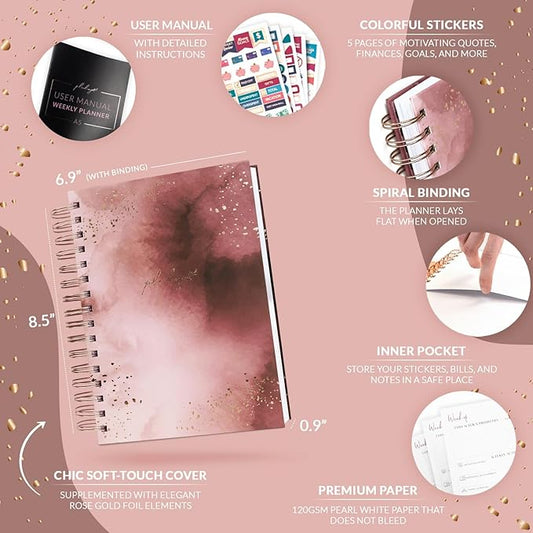 PLANBERRY Weekly Planner Premium – Undated Life Organizer & Budget Planner – Time Management, Goal Setting, To-Do List, Work-Life Balance & Habit Tracker – 6.9″ x 8.5″ (Rose Gold)