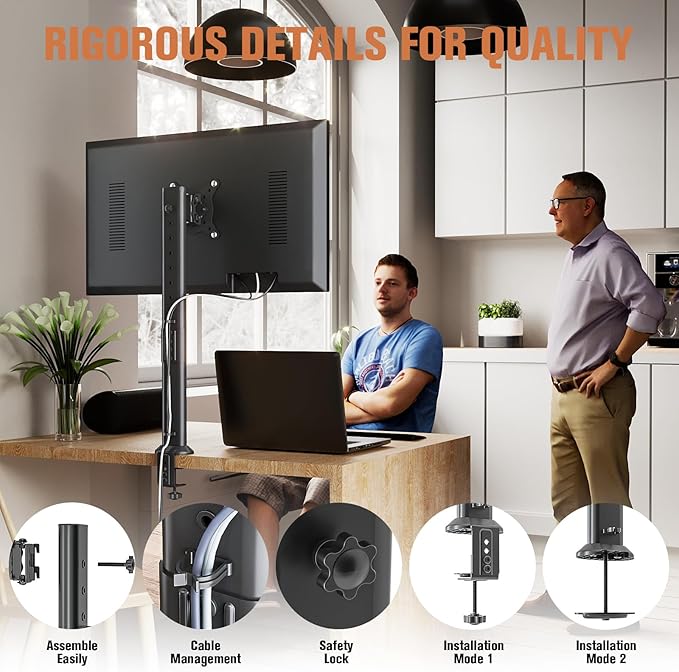 HEMUDU Single Tall Desk Monitor Arm Mount Stand Fit for 27 inch to 42 inch Flat Curved Computer Screen with Swivel, Height Adjustable, Rotation,Holds up to 77lbs, Black