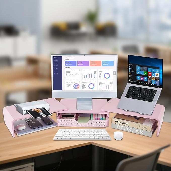 Dual Monitor Stand Riser with Drawer, Desk Organizer and Accessories, Metal Laptop Stand for Desk, Workspace Desktop Stand for Computer, Laptop, TV and More (Pink)