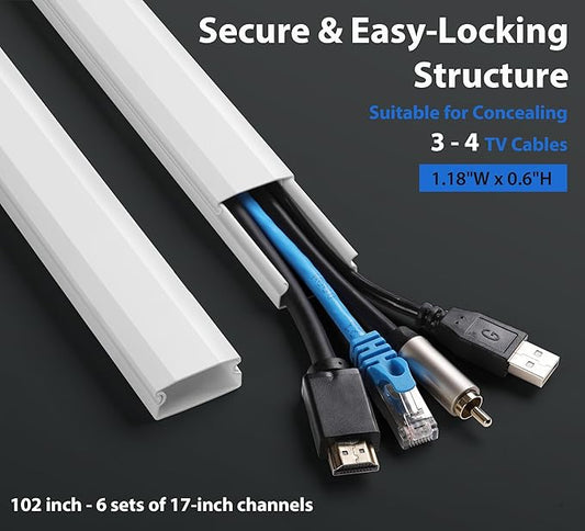 102in Wall Cable Hider, Cord Hider to Hide 3-4 Cords, Self-Adhesive TV Wire Hider for Wall, Cable Management Kit, Cable Raceway White, Paintable Cable Concealer, 6 x L17in x W1.2in x H0.6in