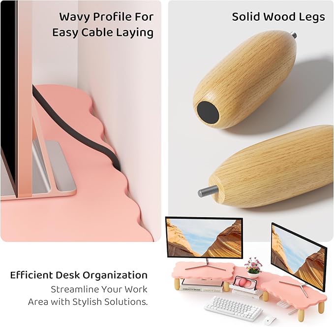 Dual Monitor Riser - Cookie-Shaped Adjustable Length & Swivel Angle, Wooden Desktop Organizer for 2 Monitors, Stand With Drawer for Laptop, PC, Computer, Printer, Pink