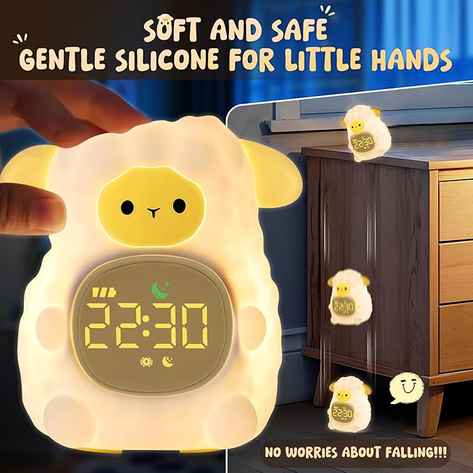 Sheep Alarm Clock with Night Light for Kids with Sleep Training and Sound Machine, Rechargeable Silicone Lamp OK to Wake Clock,Cute Animal Tabletop Lamp, Perfect Sleep Companion for Boys Girls