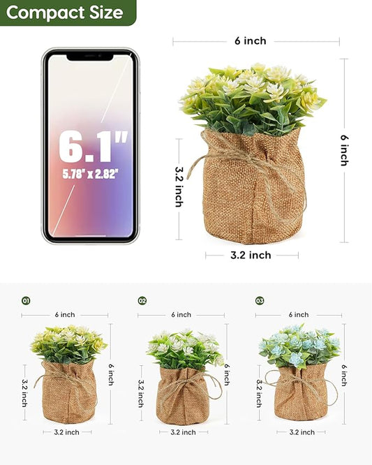 Velener Artificial Flowers in Small Burlap Bag Vases 3Pcs - Faux Flowers Farmhouse, Fake Plants Home Coffee Table Bookshelf Office Desk Decorations Kitchen Dining Room Indoor(White/Yellow/Blue)