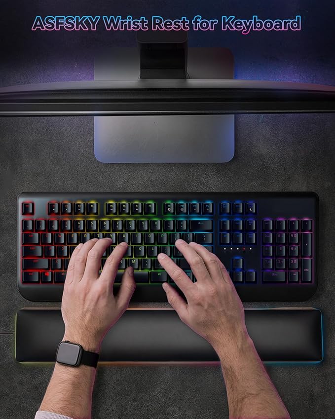 Keyboard Wrist Rest with Leather Covered Memory Foam on Wood Base Ergonomic Non-Slip Comfortable and Durable Perfect Match for Mechanical Keyboards (RGB)