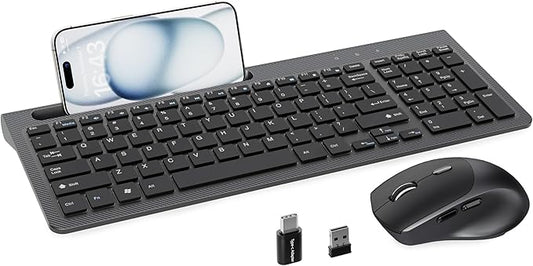Wireless Keyboard and Mouse, Ergonomic Keyboard Mouse with Phone Holder, 2.4GHz Cordless Keyboard Mouse for Mac, Windows, PC, Laptop (Black)