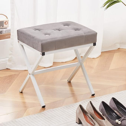 Wimarsbon Ottoman Foot Stool Tufted Vanity Stool Ottomans Thickened Cushion Footstool Mulifunctional Shoe Changing Seat Step Stools with Metal X Leg for Living Room Bedroom Velvet Grey