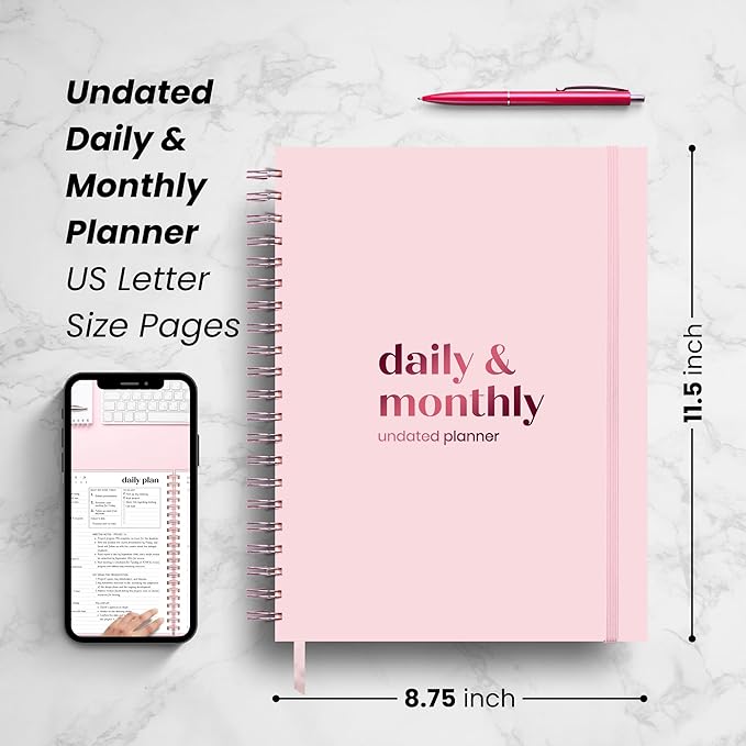 Large Daily Planner with Hourly Schedule, 8.5" x 11" Undated 6-Month Planner for Productivity, Full Page a Day, 2025-2026 Calendar, To Do List, Time Blocking, Pink Aesthetic Hardcover Spiral Notebook