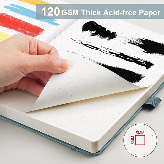 AHGXG Bullet Dotted Journal - Dot Grid Notebook Journal, 120 GSM Thick Acid-Free Paper, A5 Dotted Notebook 160 Pages, Leather Hardcover, Inner Pocket, Journal Stencil, 5.7'' × 8.3'' - Gray Blue