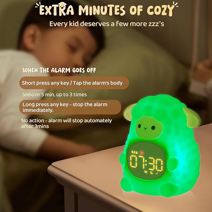Sheep Alarm Clock with Night Light for Kids with Sleep Training and Sound Machine, Rechargeable Silicone Lamp OK to Wake Clock,Cute Animal Tabletop Lamp, Perfect Sleep Companion for Boys Girls