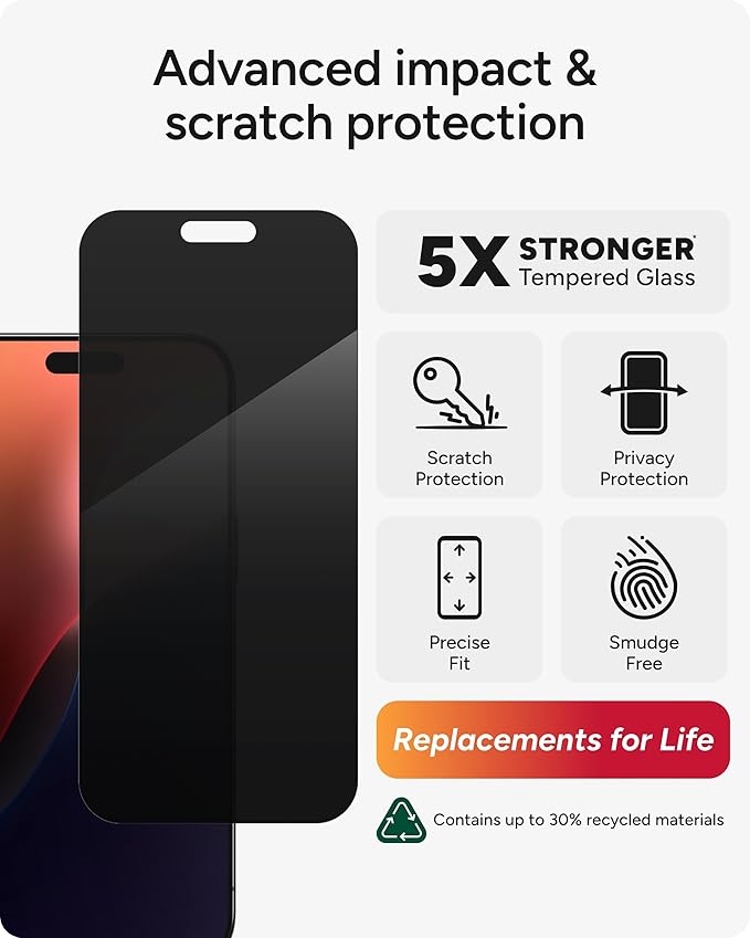 ZAGG Glass Elite Privacy Screen Protector for iPhone 16 Pro Max - 2-Way Privacy Filter, Ultra-Strong Tempered Glass, 5X Stronger, InvisibleShield, Smudge-Free, Easy Install, Recycled Content