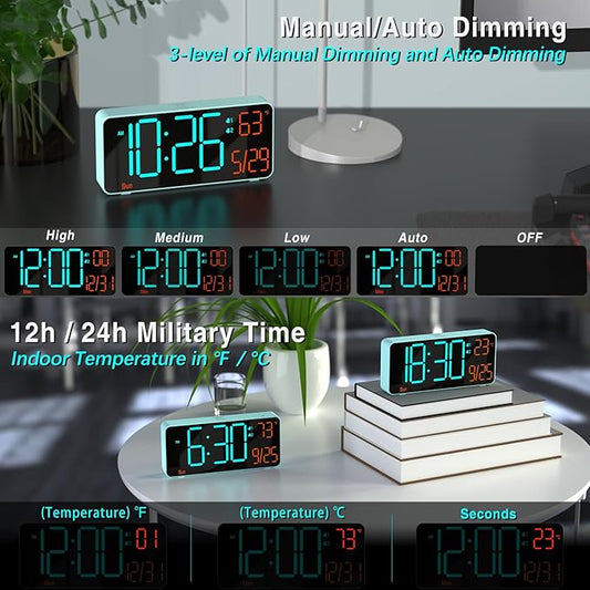 KOSUMOSU Alarm Clock for Bedroom, 6.7in Small Digital Clock, Auto Dimming, Room Temperature, Day of The Week, Date, Alarm Clocks for Living Room, Desk Clocks