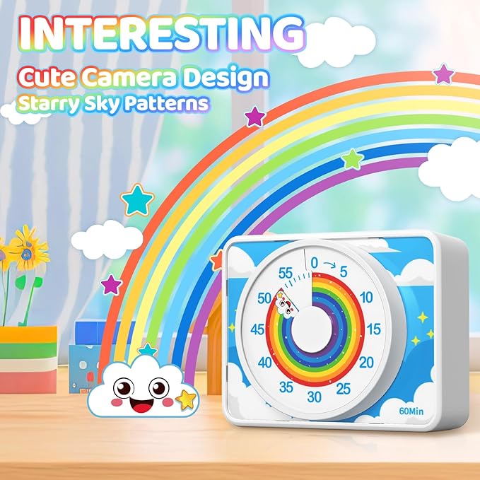 VOCOO Kids Visual Timer for Classroom - 60-Minute Countdown for Kitchen Cooking Office, Strong Magnet, Silent Time Management Tool, 2 AAA Batteries Included, Cute Rainbow Pattern (White)