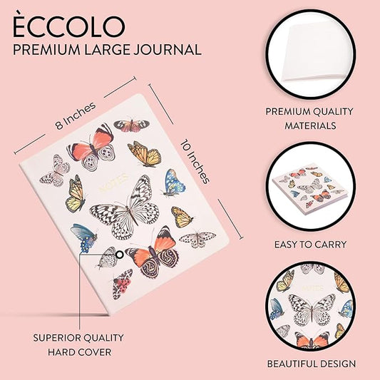 Eccolo Large Lined Journal Notebook, Hardbound Cover, Writing Journal, 256 Ruled Cream Pages, Ribbon Bookmark, Lay Flat, Desk Size for Work or School (Butterflies, 8x10 inches)