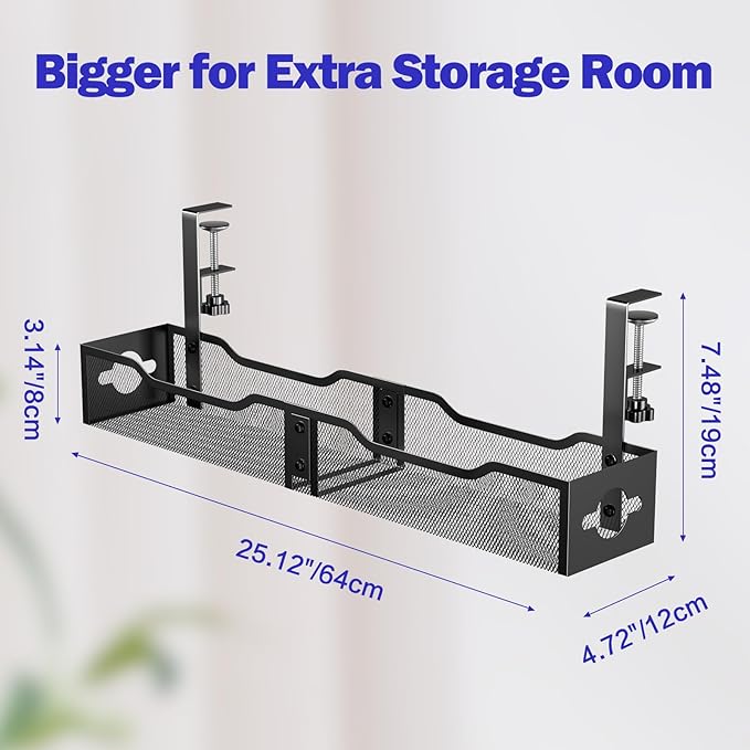 Under Desk Cable Management Tray 25.12", Extra Large Cable Management No Drill, Extended Cord Organizer with Adjustable Clamps, White