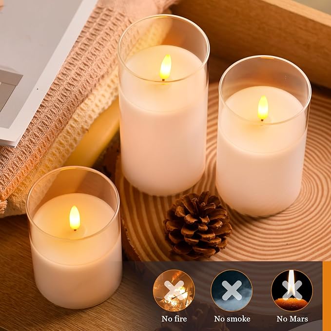 Glass Battery Operated LED Flameless Candles with Remote and Timer, Real Wax Candles Warm Color Flickering Light for Festival Wedding Home Party Decor(Pack of 3)-White