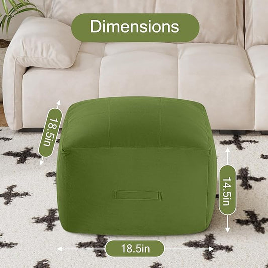 MeMoreCool Square Stuffed Pouf Ottoman Foot Rest, Floor Pouf Foot Stool with Foam Chunk Filling, Soft Stuffed Ottoman Footrest for Living Room, Green