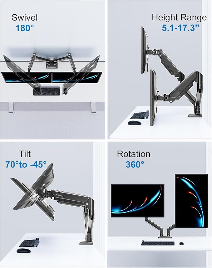 Dual Monitor Mount Fits 17 to 32 Inch Computer Screen, Dual Monitor Arm Hold 4.4-19.8lbs Each, Full Motion Monitor Desk Mounts for 2 Monitors, Gas Spring Monitor Stand, VESA Mount, Freelift