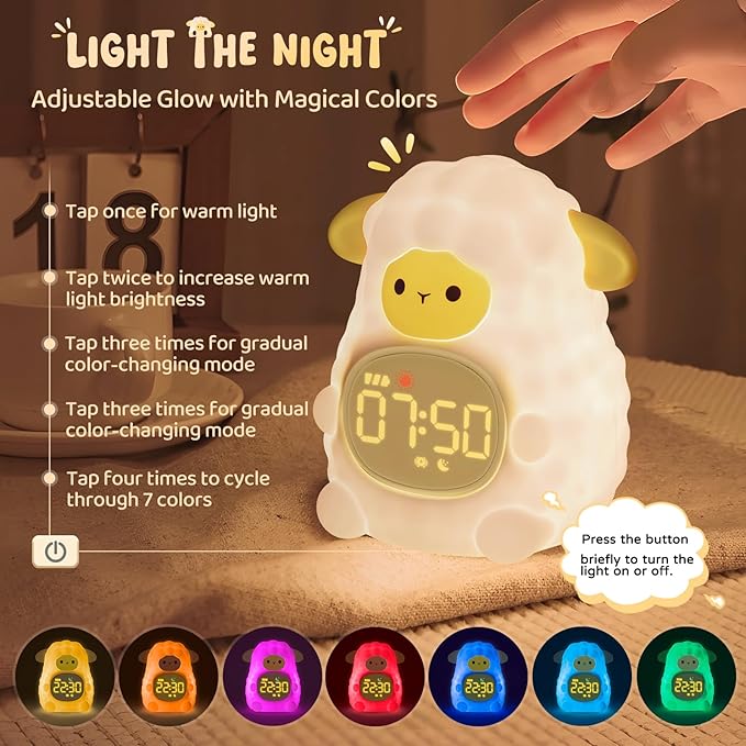 Sheep Alarm Clock with Night Light for Kids with Sleep Training and Sound Machine, Rechargeable Silicone Lamp OK to Wake Clock,Cute Animal Tabletop Lamp, Perfect Sleep Companion for Boys Girls