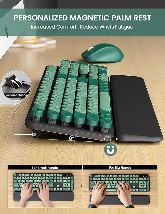 Wireless Keyboard and Mouse Combo - Cute Typewriter Keyboard with Detachable Wrist Rest, Retro Round Keycaps, Foldable Legs, 2.4GHz Keyboards for PC Laptop, Mac, Windows - Trueque (Black and Green)