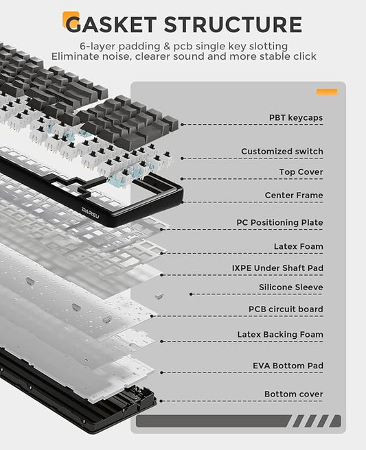 DAREU EK98PRO Wireless Mechanical Keyboard, Gasket Hot Swappable Custom, Pre-lubed Linear Switches, Side Printed PBT Keycaps, BT5.0/2.4GHz/USB-C, RGB Backlit Gaming Keyboard for Win/Mac