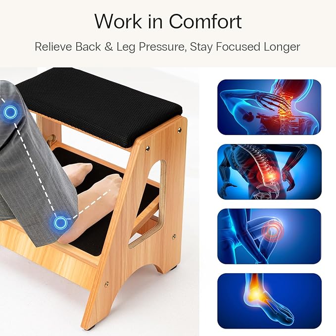 StrongTek Double Step Footrest, Adjustable Wooden Foot Stool with 4 Height Levels, Cushioned Top & Non-Slip Base, Ergonomic Under Desk Leg Rest for Office Home