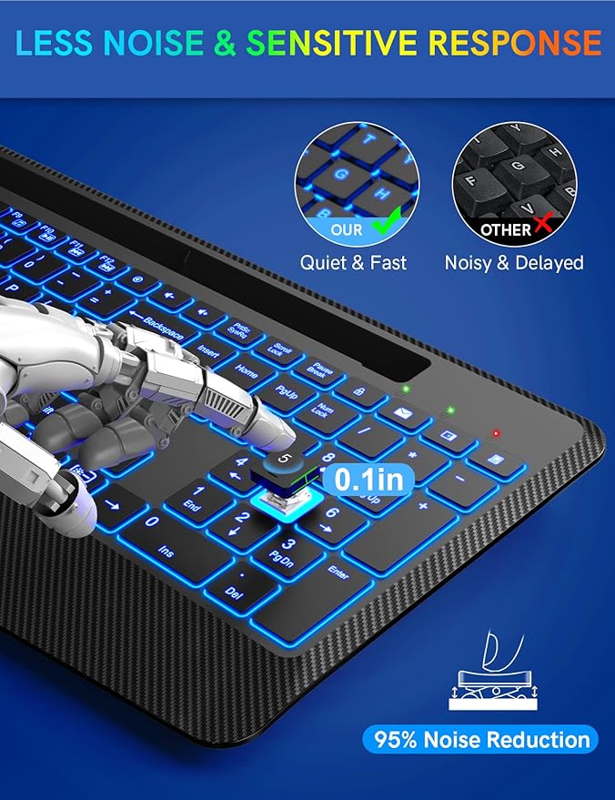 Wireless Keyboard with 7 Colored Backlits, Wrist Rest, Phone Holder, Rechargeable Ergonomic Computer Keyboard with Silent Keys, Full Size Lighted Keyboard for Windows, MacBook, PC, Laptop (Black)