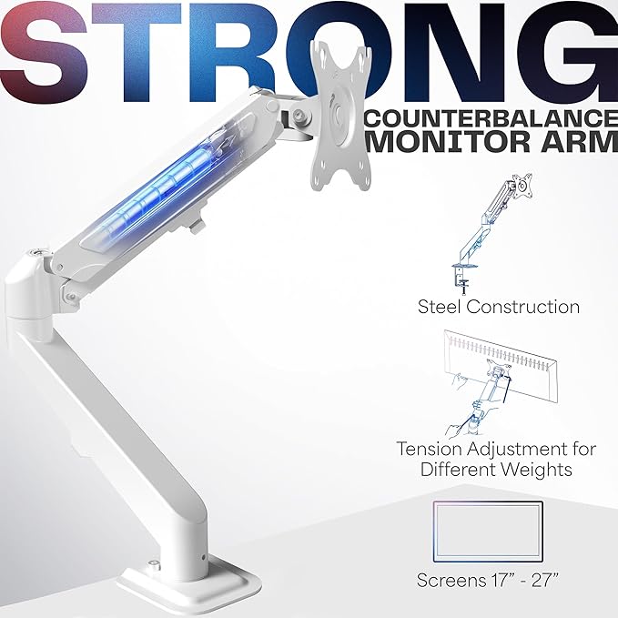 VIVO Articulating Single 17 to 27 inch Pneumatic Spring Arm Clamp-on Desk Mount Stand | Fits 1 Monitor Screen with Max VESA 100x100, White (STAND-V101OW)