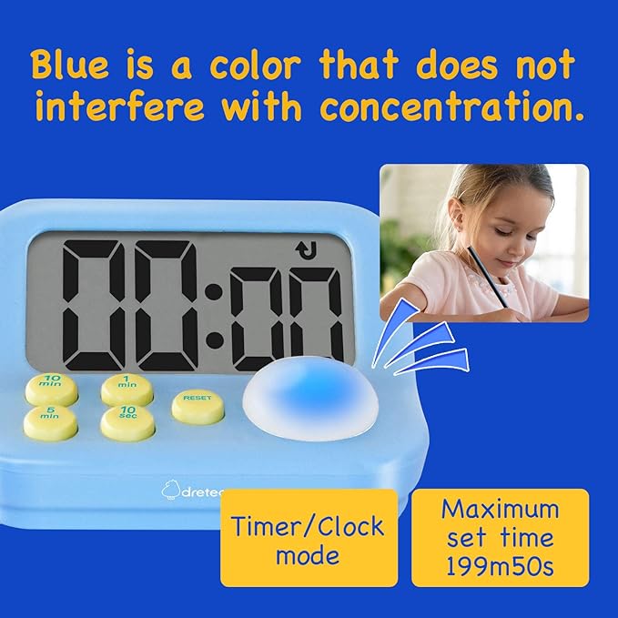 dretec pomodoro Timer, Productivity Timer, for Studying,exam, for Kids, Large Display, Large Button, Blue