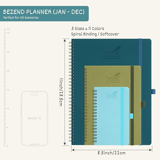BEZEND 2026 Planner Weekly and Monthly (8.5" x 11" Spiral) Daily Calendar with Half-Hourly Timeslots & Tab (Jan-Dec) Note & Expenses, Pen Holder, Inner Pocket, Vegan Leather Softcover - Sky Blue