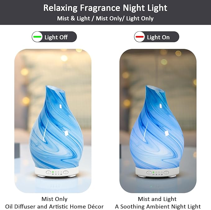 Art Glass Essential Oil Diffuser 120ml - Aromatherapy Diffuser with 7 Color Changing Lights & 4 Timer Settings, Cool Mist Humidifier for Home, Office, Gift for Women, Mom