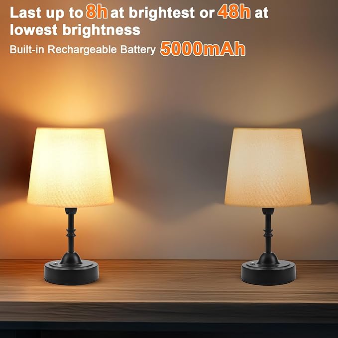 Portable Cordless Table Lamp, 5000mAh Rechargeable Battery Operated Bedside Lamps, 3-Level Dimmable Nightstand Lamp, Wireless Desk Lamps for Living Room Bedroom Office Patio Restaurants