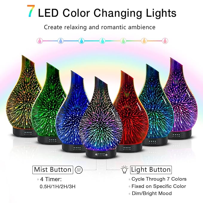 Essential Oil Diffuser Aromatherapy Diffuser- 120 ml Glass Ultrasonic Cool Mist Oil Diffuser, Whisper Quiet with Waterless Auto Shut-Off, 4 Timer Setting,7 Colors Night Light for Home (Silver)