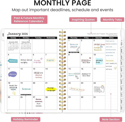2026 Planner, Monthly and Weekly Calendar Planner for Women, January 2026 - December 2026, Hardcover Pretty 2026 Agenda Planner Book with Tabs, Spiral Bound, Perfect for School Office Home Supplies, 6.3" x 8.5" - Painted Bloom