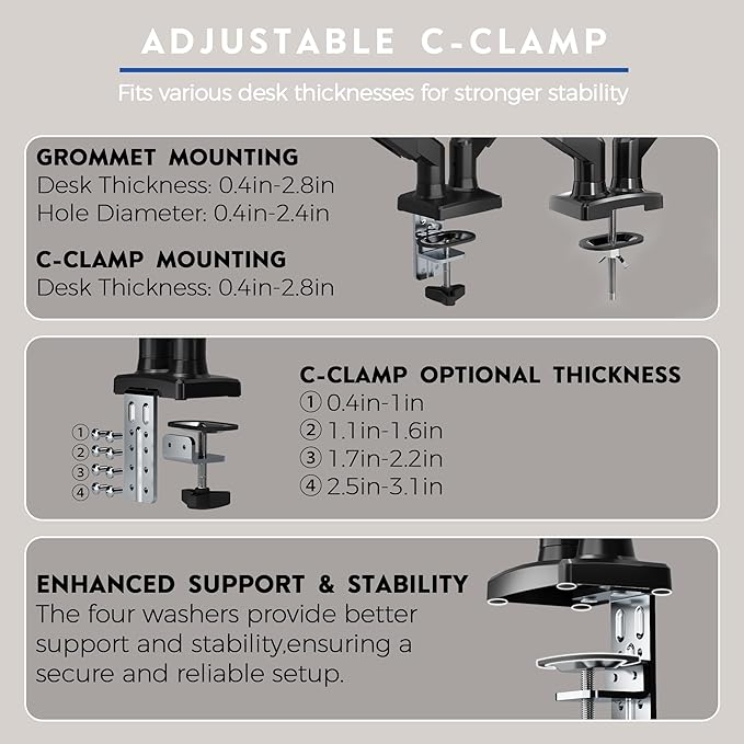 BONTEC Monitor Arm Desk Mount, Gas Spring Monitor Stand, Adjustable Full Motion VESA with C Clamp & Grommet Base, Supports 6.6-19.8lbs LCD/LED Tilt, Swivel, Rotation (Dual Arms, 15-32 Inch)