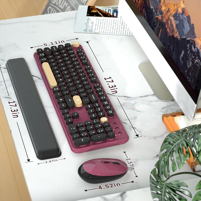 Wireless Computer Keyboards Mouse Combos, COVEVA Colorful Typewriter Retro Keyboard with Round Keycaps, USB Keyboard and Mouse Set 2.4GHz Full-Size Wireless Keyboard and Optical Mouse(Black-Claret)