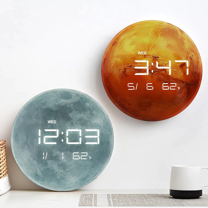 13" Digital Wall Clock with LED Display, Calendar & Temperature, Automatic Dimming, 12/24hr Format, Wall & Desk Use - HUI-7860