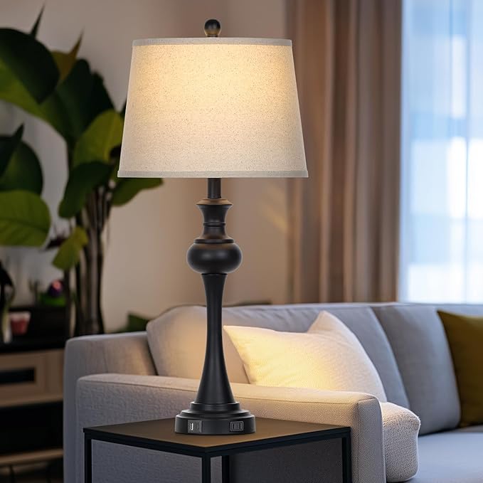 28.75" 3-Way Touch Control Modern Table Lamp Set of 2 for Living Room, Bedside Lamp with USB A+C Ports, Mid Century Black Table Lamps, Nightstand Lamps Set,Beige Fabric Shade Vintage Accent Style