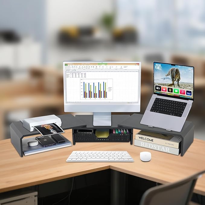 Dual Monitor Stand Riser with Drawer, Desk Organizer and Accessories, Metal Laptop Stand for Desk, Workspace Desktop Stand for Computer, Laptop, TV and More (Black)