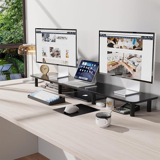 43.7" Extra Long Dual Monitor Stand Riser, Wood & Steel Monitor Stand for 2 Monitors, Wide TV Stand, Desktop Riser for Desk Organization, Home Office,Laptop,Printer,TV (Black)