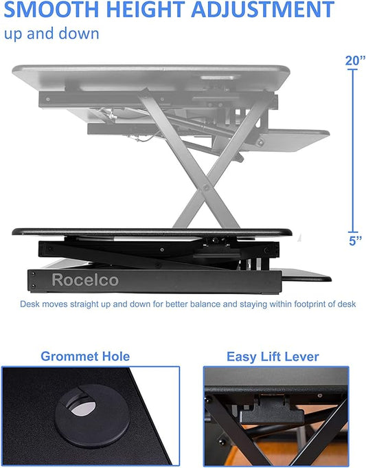 Rocelco 46" Large Height Adjustable Standing Desk Converter with Triple Monitor Mount BUNDLE - Quick Sit Stand Up Computer Workstation Riser - Retractable Keyboard Tray - Black (R DADRB-46-DM3)